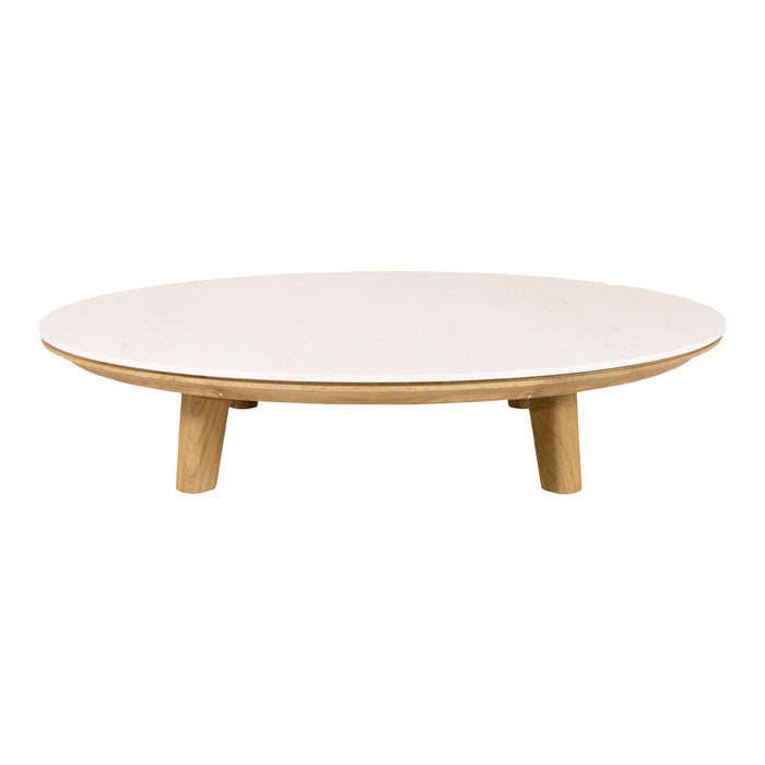 Round coffee table in a smooth white finish with natural wood legs, showcasing a minimalist design.
