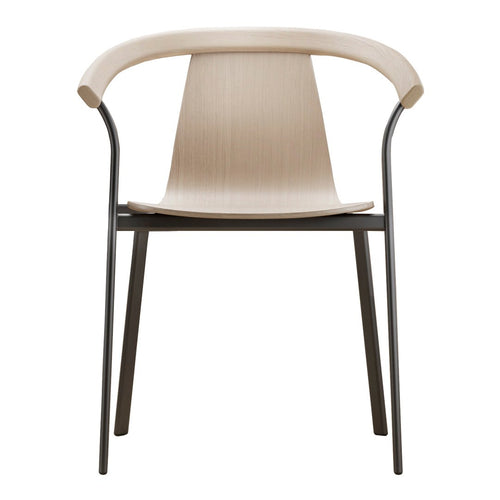 Minimalist beige chair with a sleek wooden seat and black metal frame, showcasing a modern, neutral aesthetic.