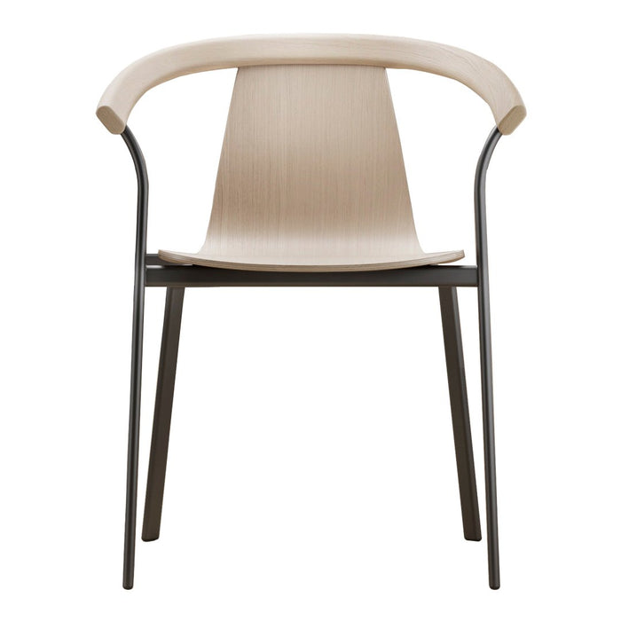 Minimalist beige chair with a sleek wooden seat and black metal frame, showcasing a modern, neutral aesthetic.
