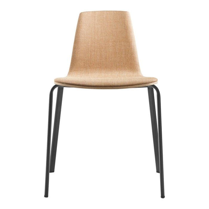 Tan upholstered chair with a smooth texture and black metal legs, showcasing a minimalist design.