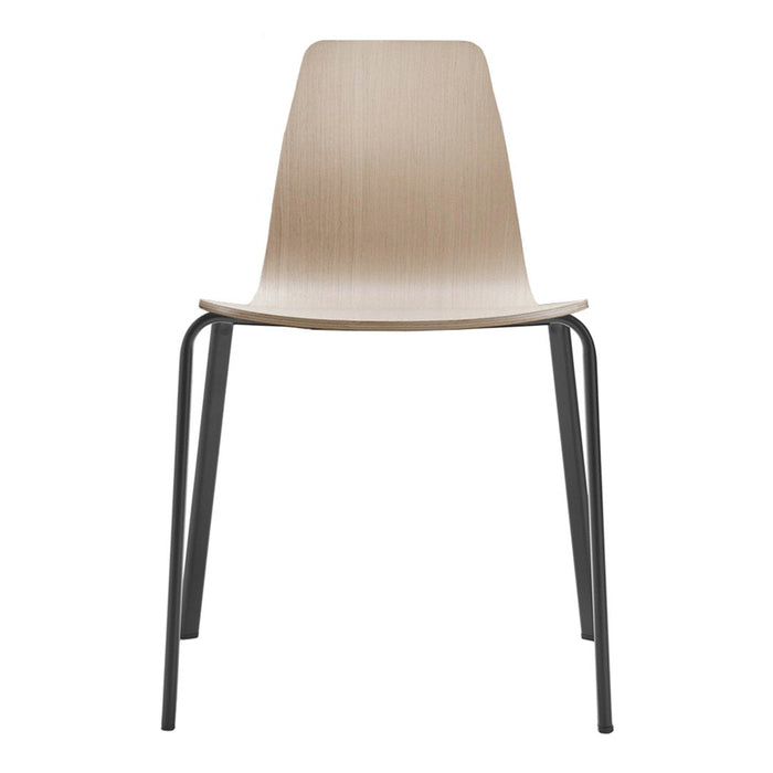 "Light wood chair with a smooth finish and sleek black metal legs, featuring a minimalist design."