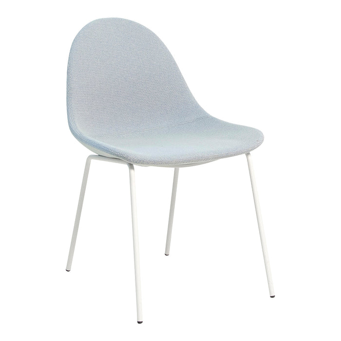 Light blue textured chair with sleek white metal legs, ideal for modern decor.