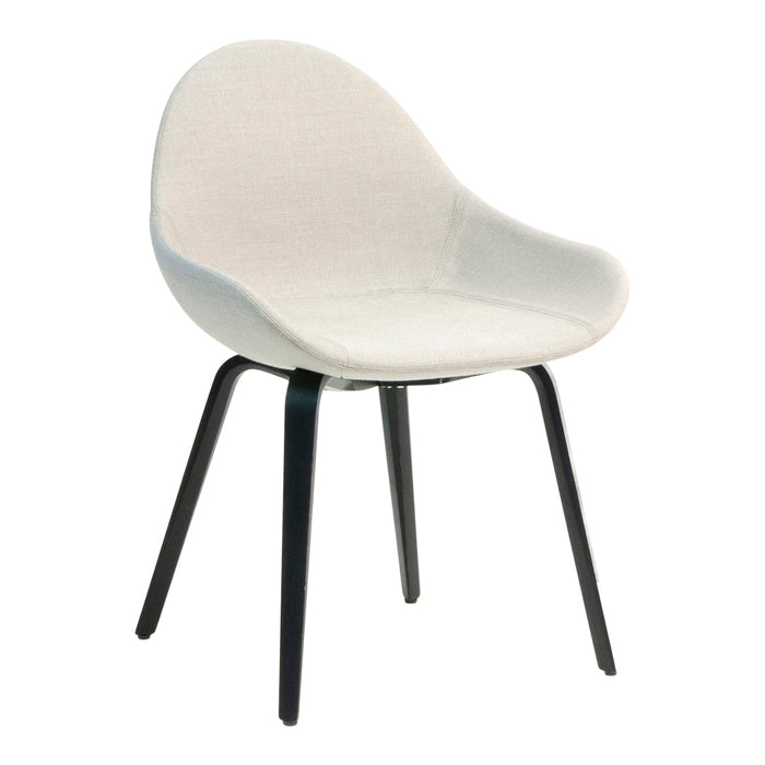 Light beige upholstered chair with a smooth, textured finish and black metal legs. Modern design for any space.
