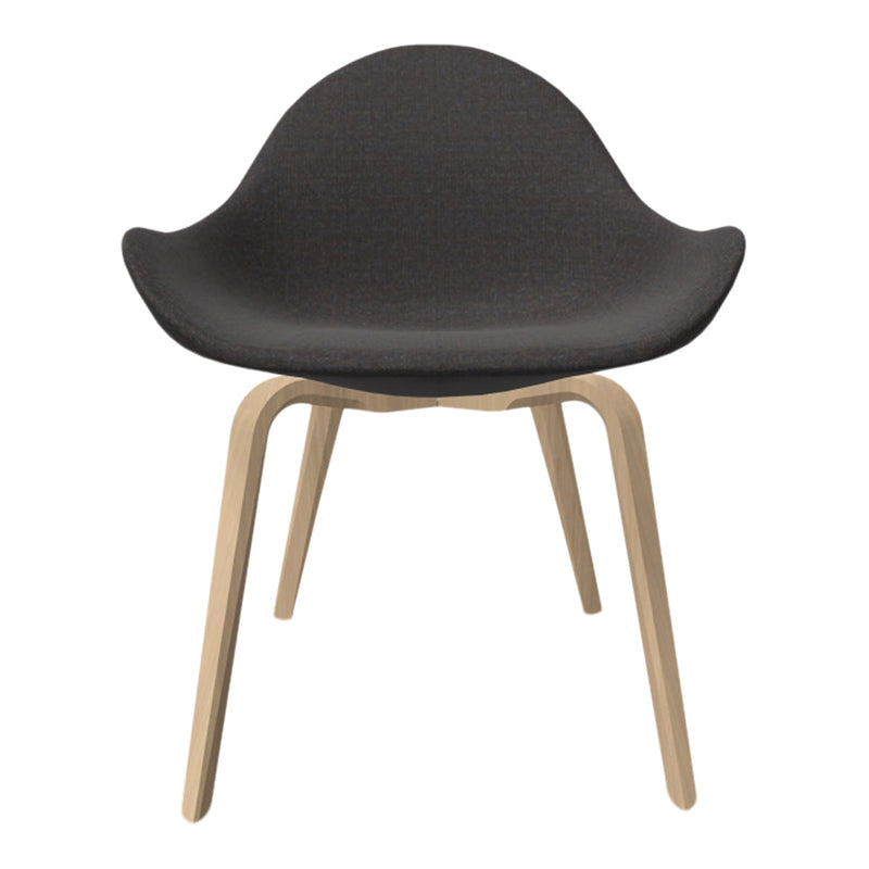 "Modern black upholstered chair with light wood legs, featuring a smooth, minimalist design."