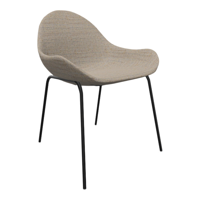Beige textured chair with sleek black metal legs, showcasing a modern, minimalist design and subtle woven pattern.