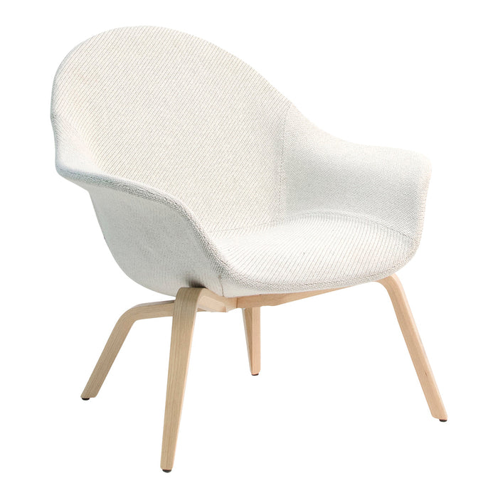 White textured chair with a natural wood base, featuring soft, neutral tones for a modern look.