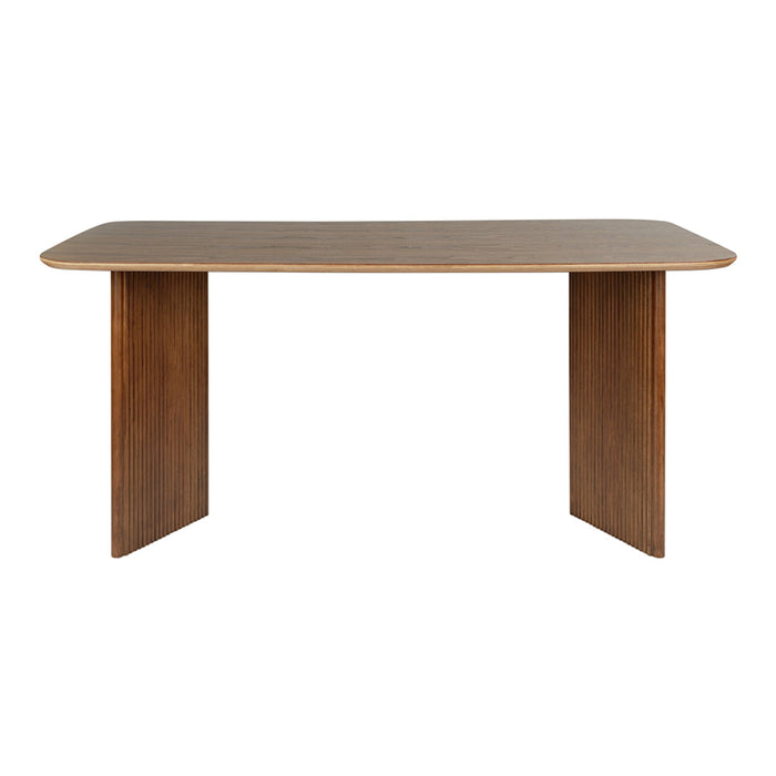 Brown wooden table with a smooth finish and minimalist design, featuring a subtle warm hue and clean edges.
