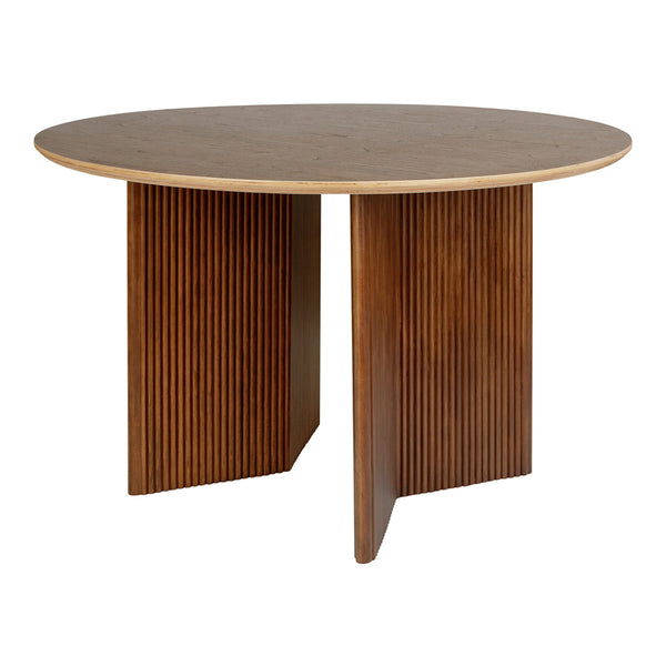 Round wooden dining table with a smooth top and vertical striped legs in warm brown tones. Perfect for modern decor.