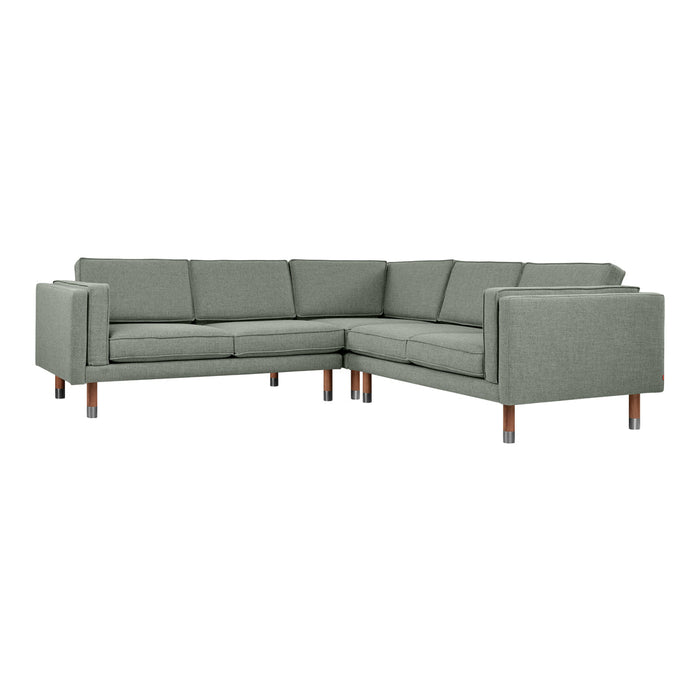 Light gray sectional sofa with clean lines and a textured fabric, featuring natural wood legs for a modern touch.