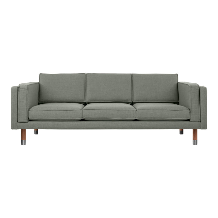 Modern gray sofa with clean lines, featuring a solid fabric pattern and wooden legs for a minimalist aesthetic.