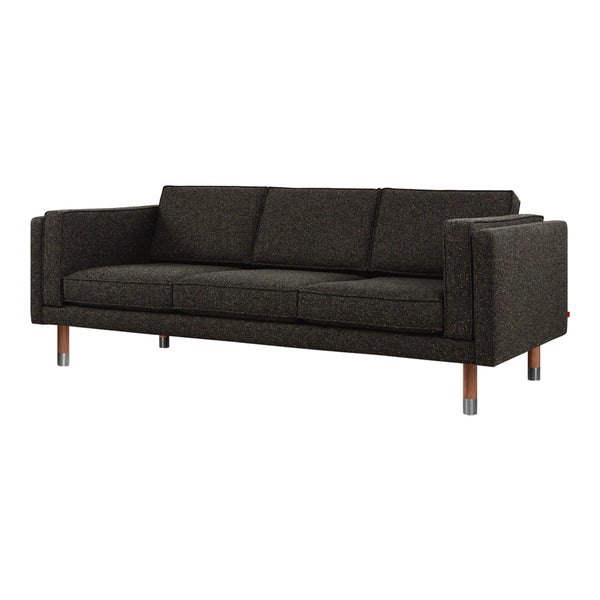 Dark gray textured sofa with simple lines and wooden legs, perfect for modern living spaces.