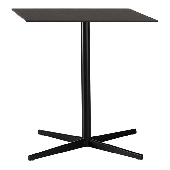 Black square table with a minimalist design and a sturdy black metal base. Ideal for modern spaces.
