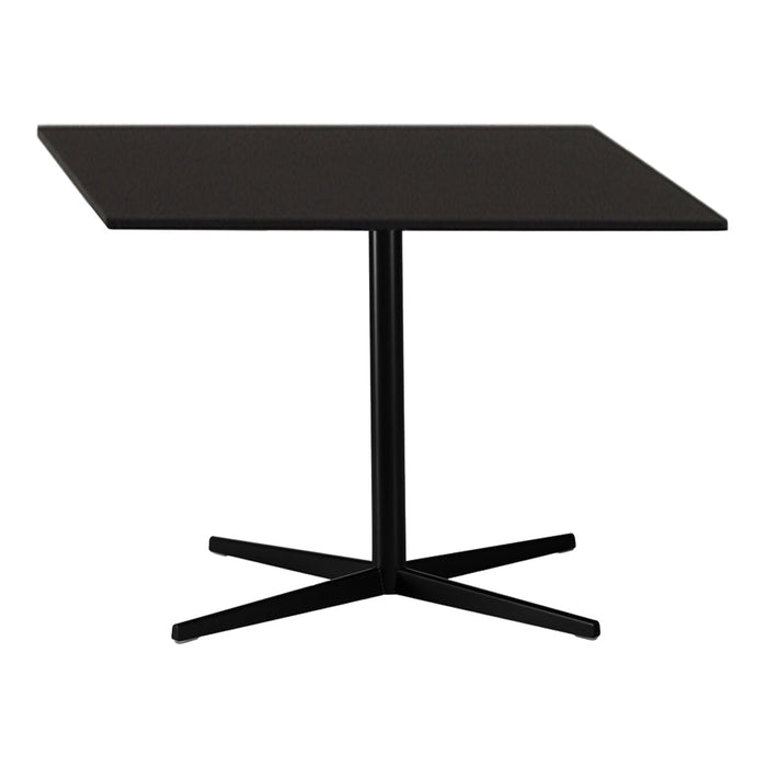 Black square dining table with a sleek modern design and cross base, perfect for contemporary interiors.