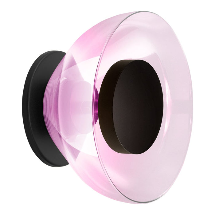 "Translucent pink and black wall lamp with a modern cone shape and smooth gradient design."