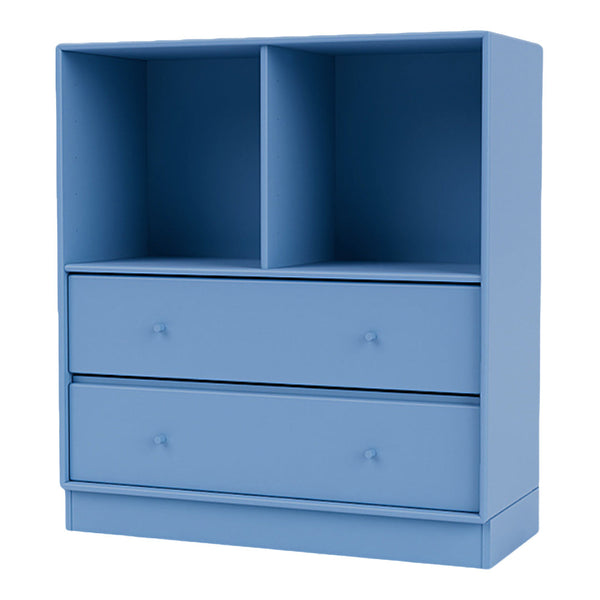 Blue bookshelf with sleek design, featuring two open compartments and two drawers, perfect for modern decor.