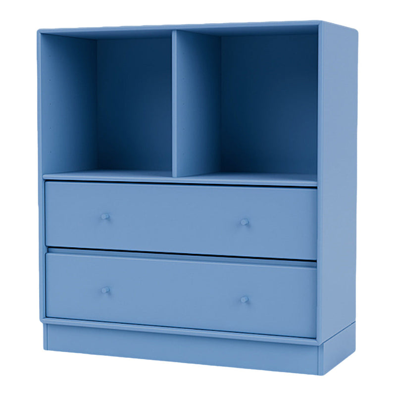 Blue bookshelf with sleek design, featuring two open compartments and two drawers, perfect for modern decor.
