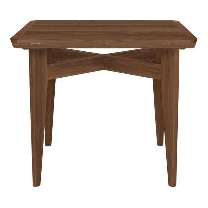 "Brown wooden table with a sleek design and cross-patterned legs, perfect for modern decor."