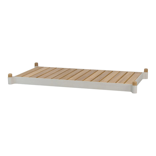 Light wood slats with a soft white frame and natural wood accents, creating a modern, minimalist design.