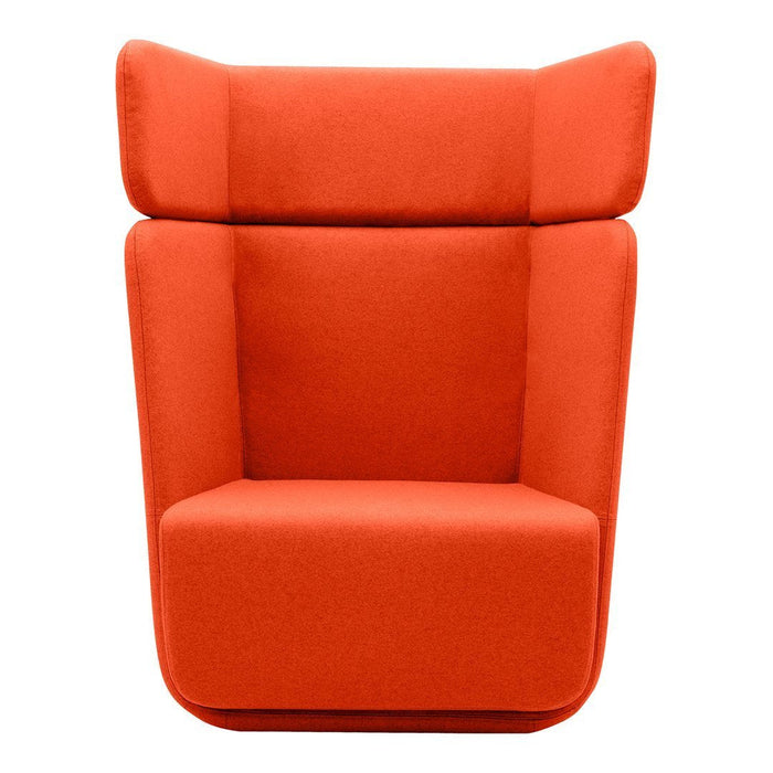 Bright orange armchair with a modern, minimalist design and smooth, plush fabric upholstery. Ideal for stylish interiors.