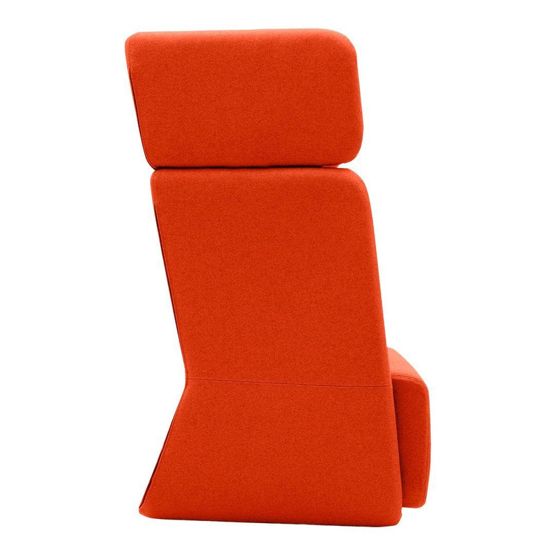 Vibrant orange modern chair with sleek, minimalist design and subtle geometric shapes. Perfect for contemporary decor.