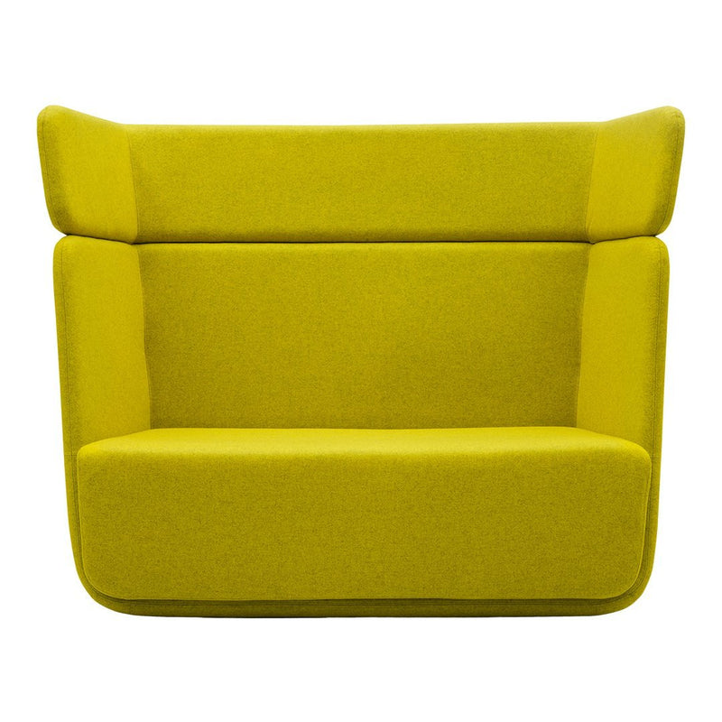 Bright yellow upholstered sofa with a modern, minimalistic design and smooth, contemporary lines.