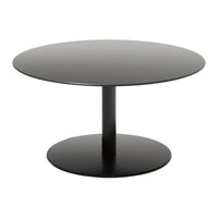 Round black coffee table with a smooth finish and a minimalist design, featuring a sleek pedestal base.