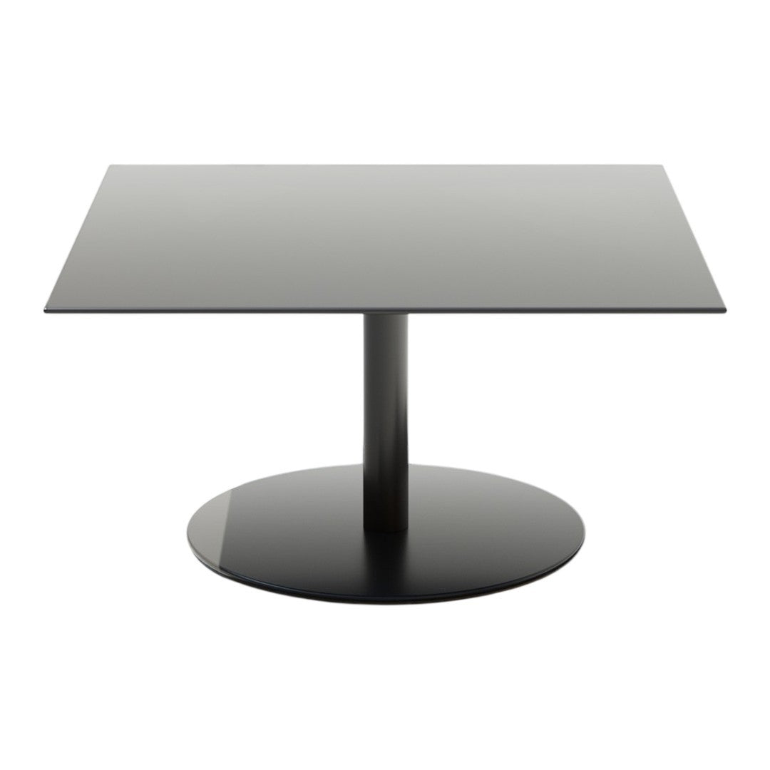 Sleek black coffee table with a smooth rectangular top and circular base, perfect for modern decor.