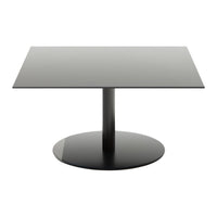 Sleek black coffee table with a smooth rectangular top and circular base, perfect for modern decor.