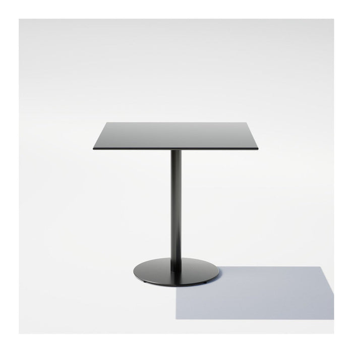 Modern black square table with a sleek pedestal base and subtle shadow. Clean lines and minimalist design.