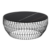 Round coffee table with a sleek black top and geometric wire frame in black, featuring subtle gray and gold accents.
