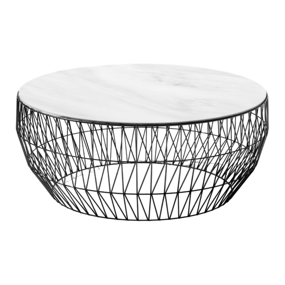 Round coffee table with a white marble top and a geometric black wire base, stylish and modern design.