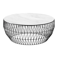 Round coffee table with a white marble top and a geometric black wire base, stylish and modern design.