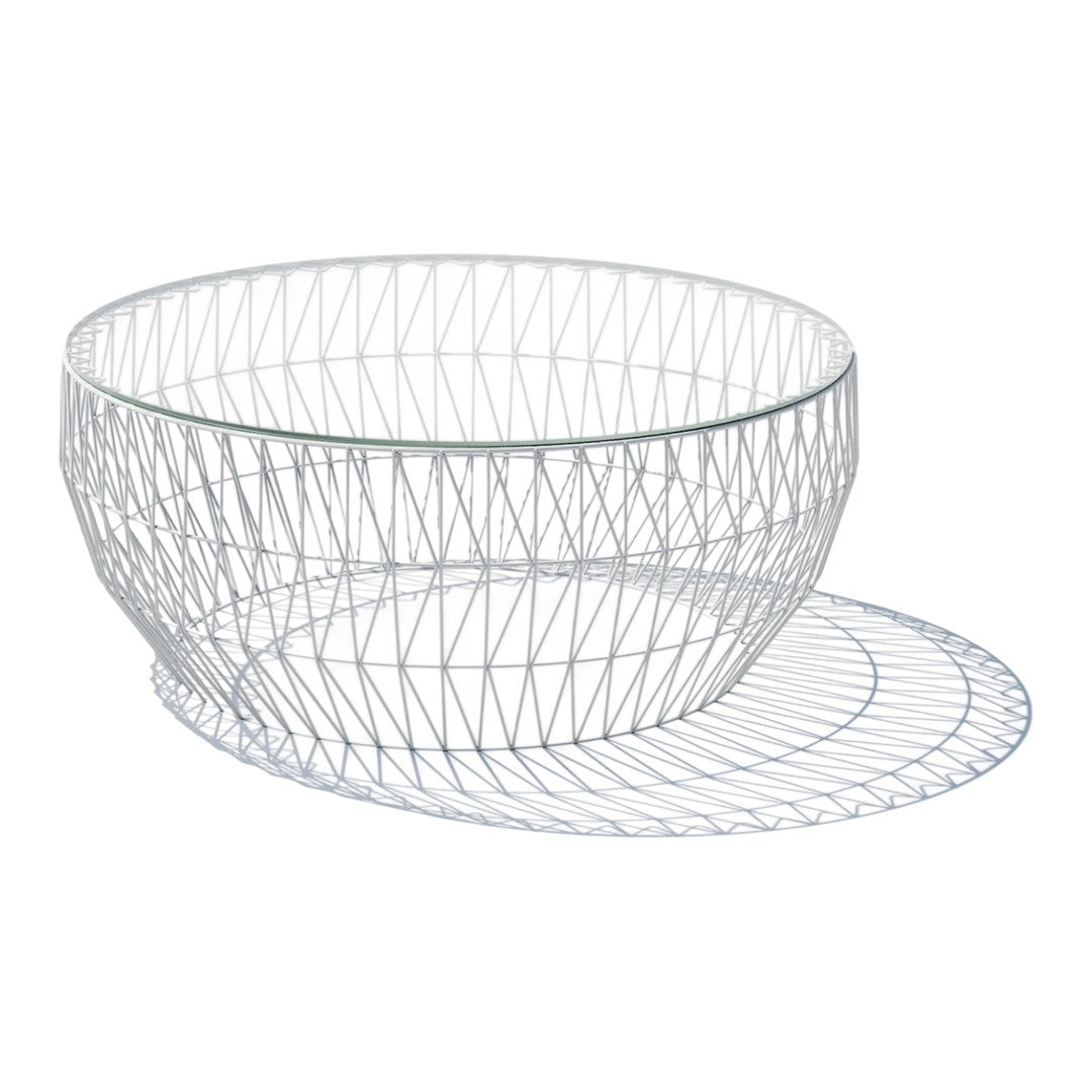 Modern white wire bowl with geometric pattern and transparent glass base, perfect for stylish decor.