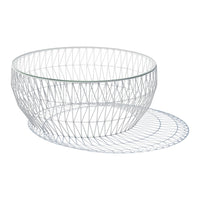 Modern white wire bowl with geometric pattern and transparent glass base, perfect for stylish decor.