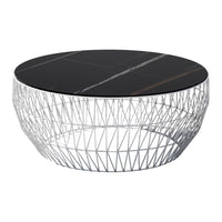 Round coffee table with a sleek black marble top and a geometric wireframe base in silver. Elegant modern design.
