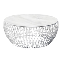Round coffee table with a white marble top and a geometric wireframe base in silver. Modern and elegant design.