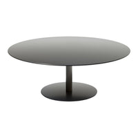 Modern black round coffee table with a sleek, glossy finish and minimalist design. Ideal for contemporary spaces.