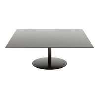 Sleek black coffee table with a smooth, rectangular top and round pedestal base, perfect for modern decor.
