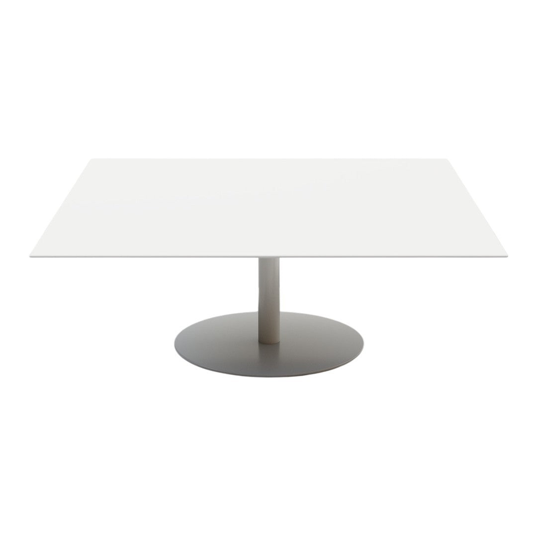 White rectangular tabletop with a sleek gray circular base, offering a modern and minimalist design.