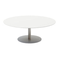 Round white coffee table with a sleek, minimalistic design and a smooth, polished finish on a circular base.