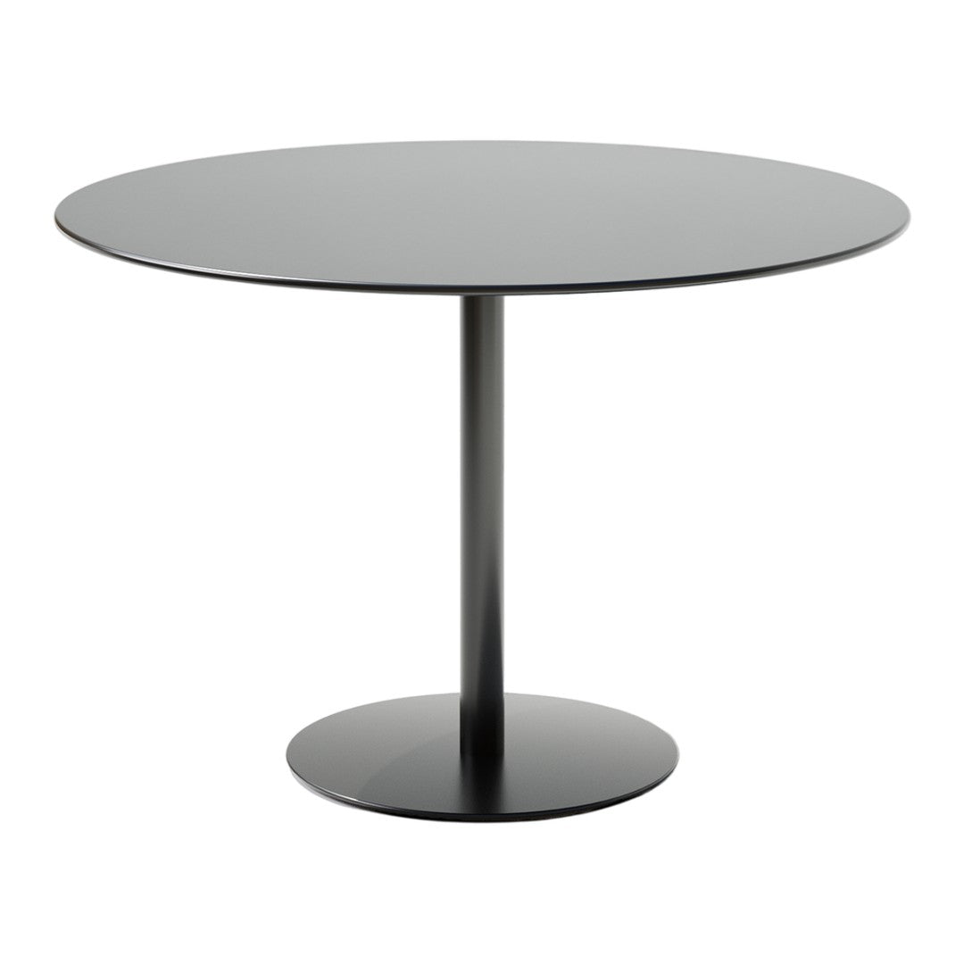 Modern round table in sleek black with a minimalistic design, featuring a smooth finish and a simple base.