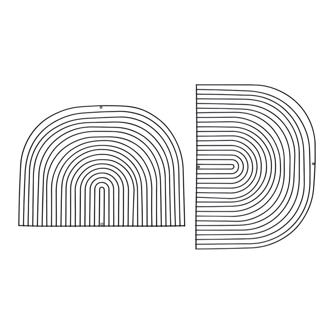 Black and white line patterned mat set featuring curved, arc designs in two sizes, perfect for modern decor.
