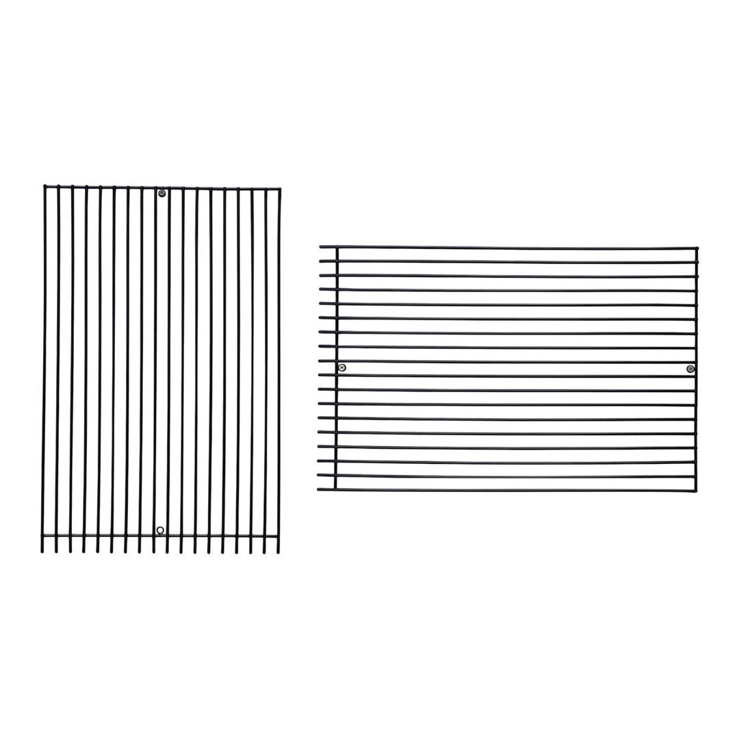 Black metal wire cooling racks with vertical and horizontal striped patterns. Ideal for baking and kitchen organization.