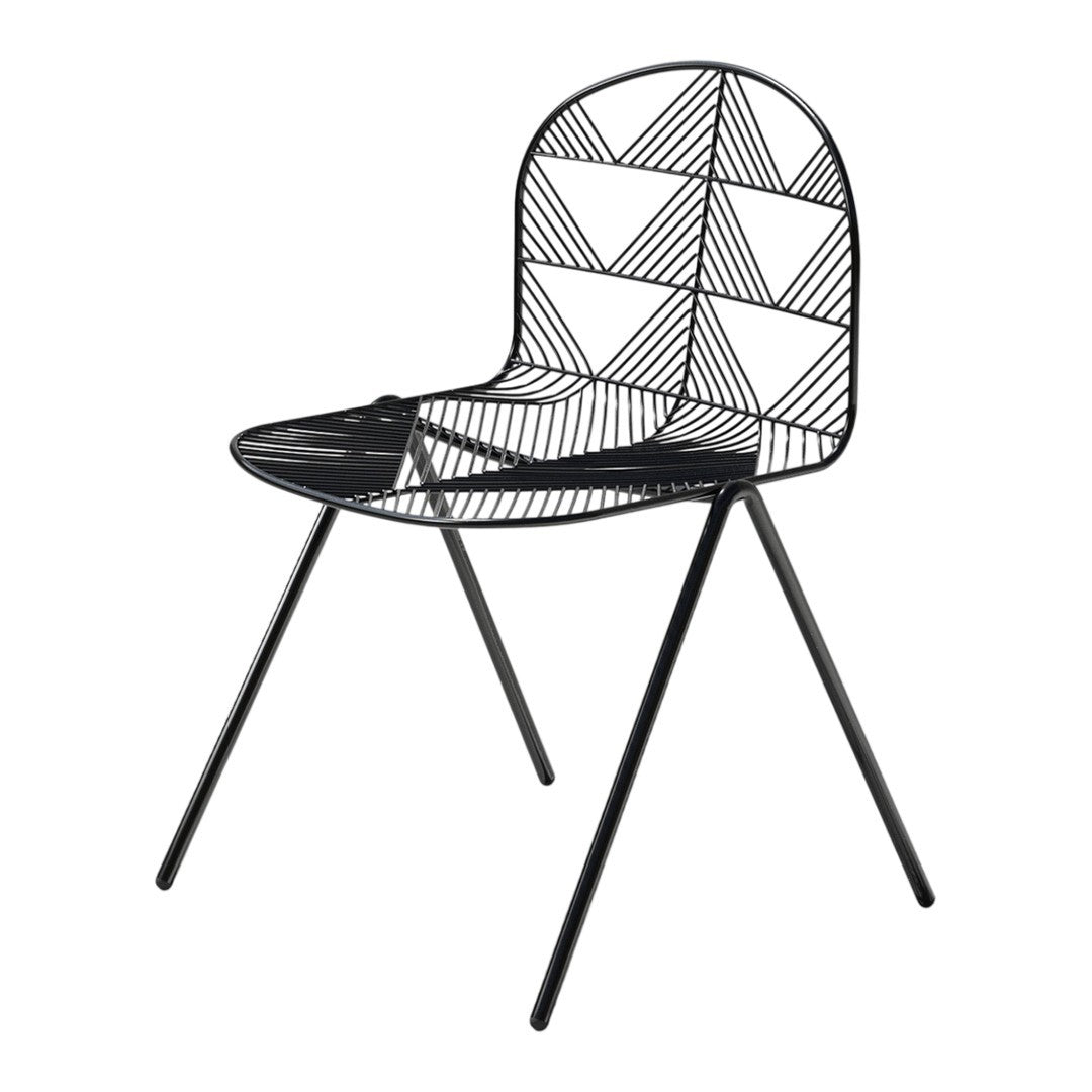 Black metal chair featuring geometric triangle patterns in a sleek, modern design. Perfect for any contemporary space.