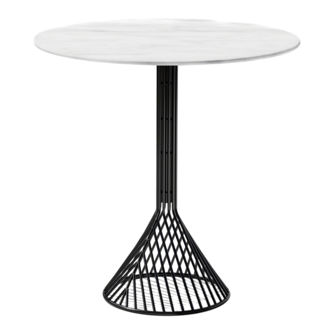 Round white tabletop with a black wire cone base, featuring a modern geometric pattern for stylish decor.