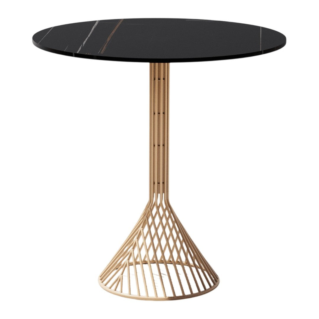 Black round table with white marble-like veining and a gold geometric base. Elegant modern design for any space.