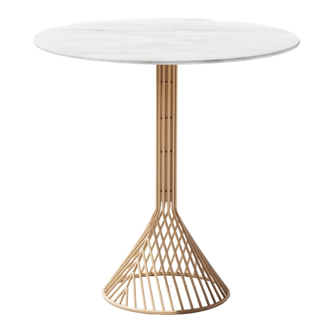 Round white marble tabletop with a gold geometric wire base. Elegant and modern design for any space.