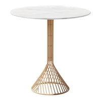 Round white marble tabletop with a gold geometric wire base. Elegant and modern design for any space.