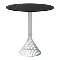 Black round table with subtle white streaks, featuring a geometric white wire base. Modern and stylish design.
