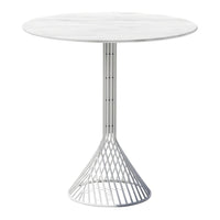 White round table with a sleek, wire base, featuring a minimalist design and smooth marble-like tabletop.
